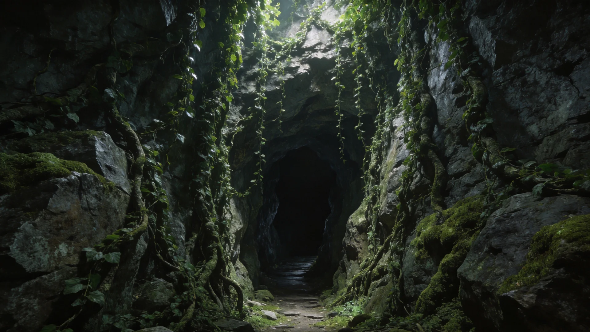 藤蔓与湿石遮掩的山洞入口