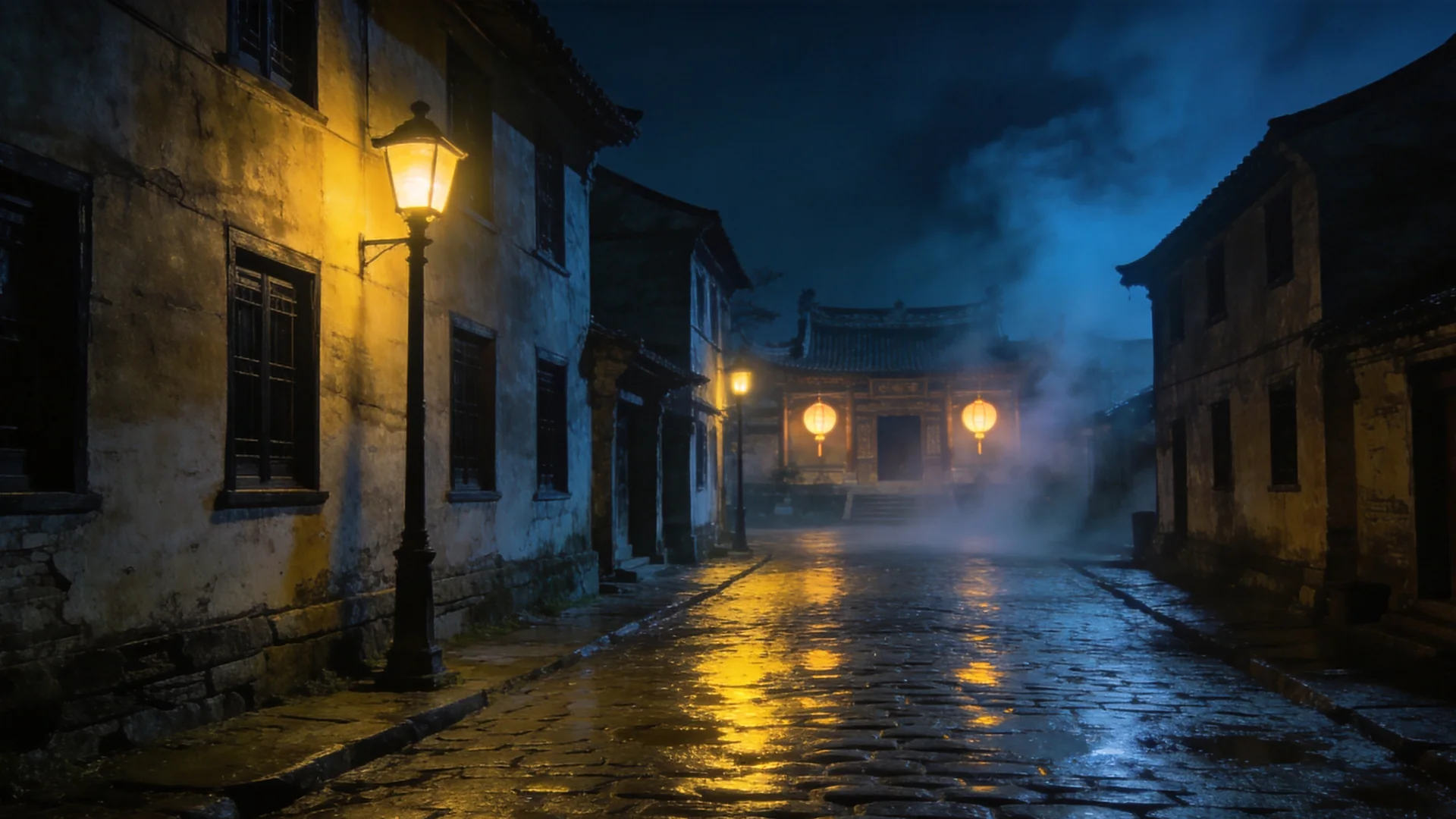 雨水映着灯影的槐渡小巷